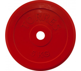 Диск обрезиненный TORRES 5 кг, d-26мм, металл в резиновой оболочке, красный